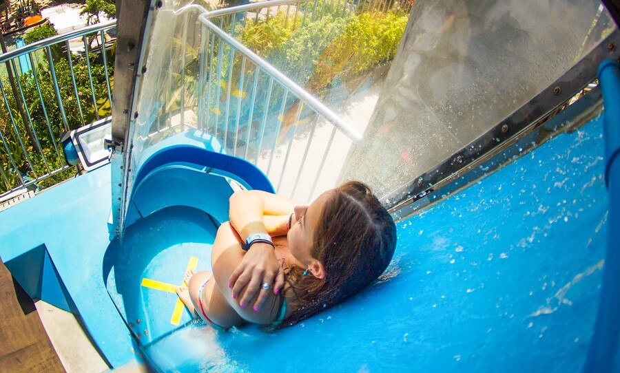 Rider dropping into the Climax water slide trapdoor at Waterbom Bali