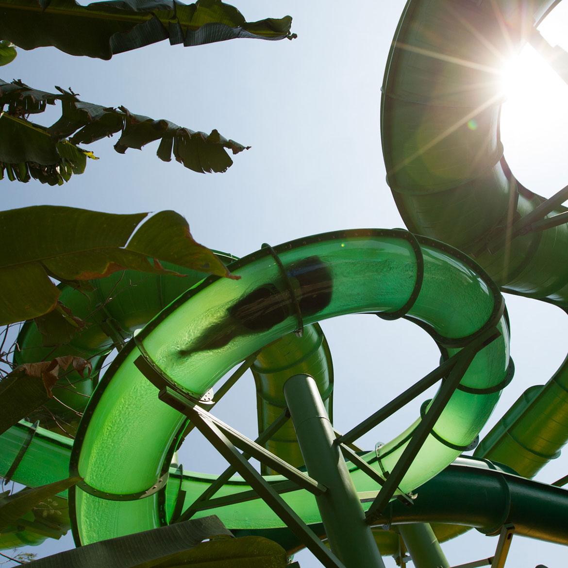Twisting slide paths of the Green Vipers at Waterbom Bali