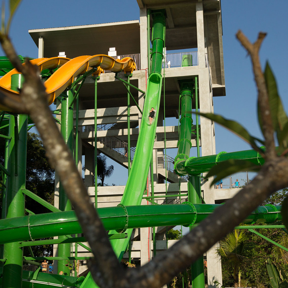 Rider dropping from the capsule on Smashdown 2.0 at Waterbom Bali