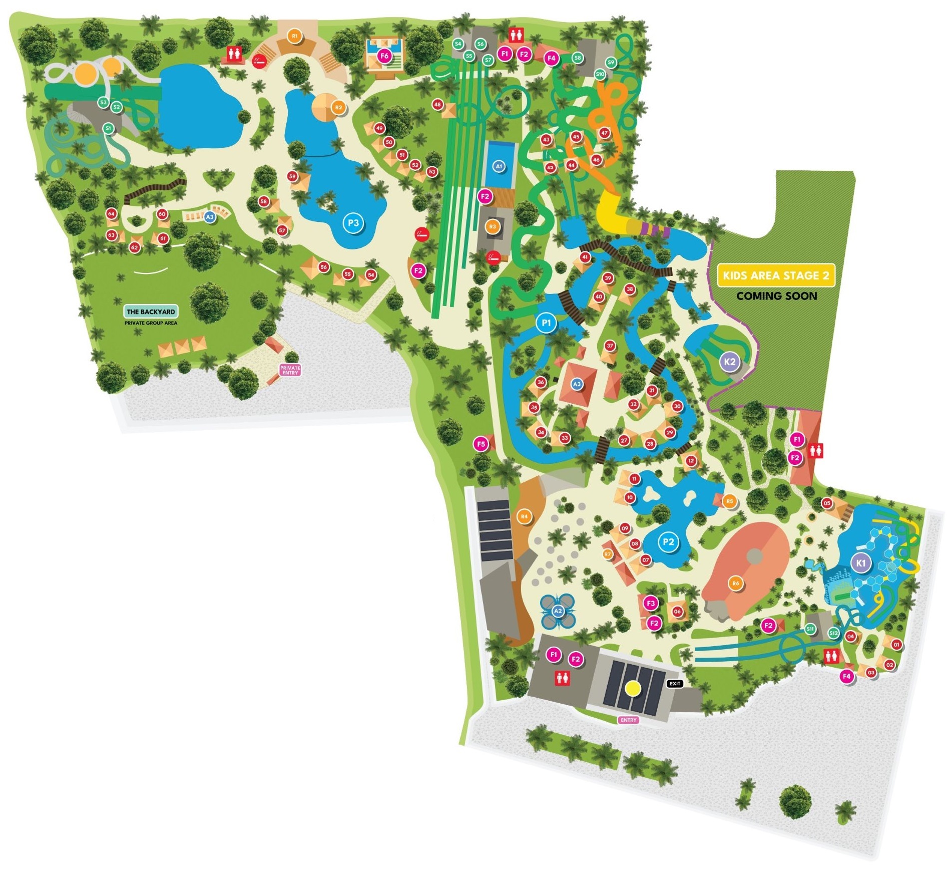 Waterbom Bali Park Map showing rides, dining zones, and splash areas